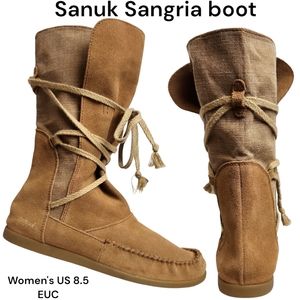 Sanuk Sangria boot suede leather canvas style lace-up moccasin boot Chestnut 8.5